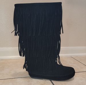 Knee high fringe moccasins